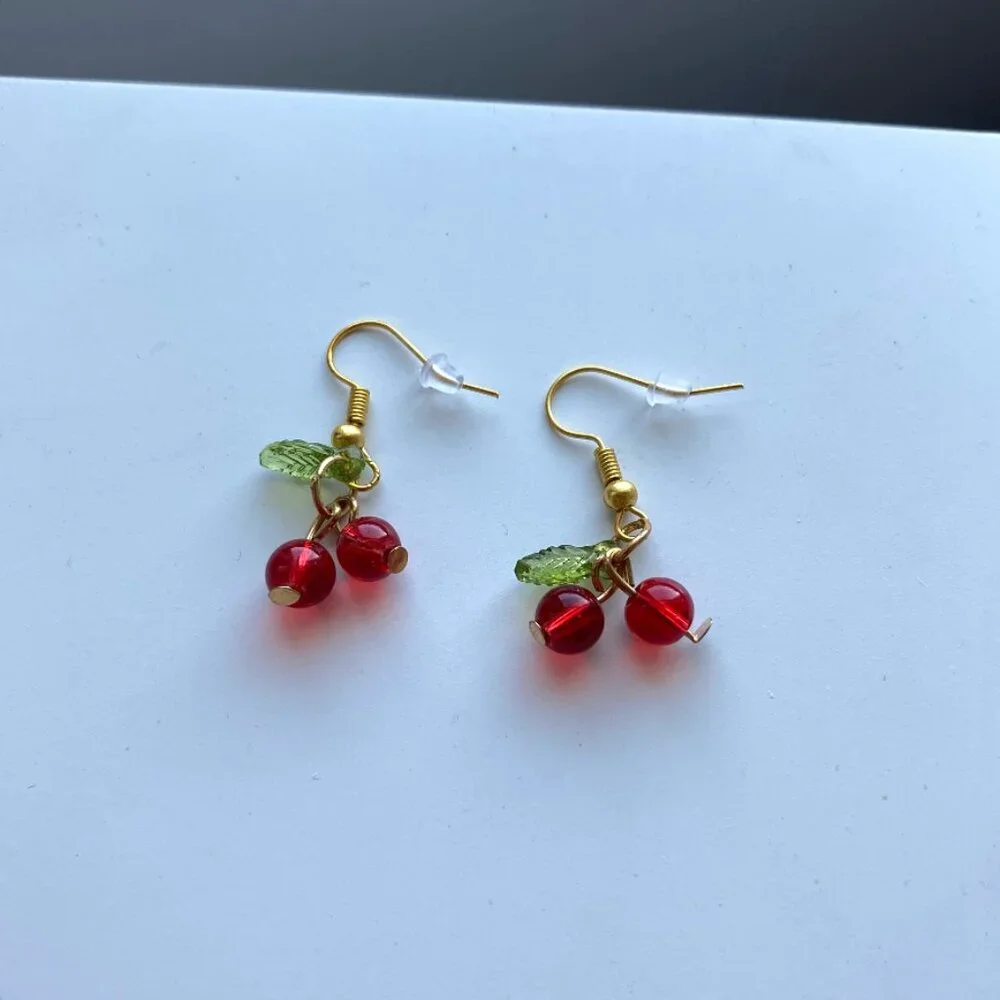 Cherry Earrings GOLD STAINLESS STEEL Cute Kawaii Fruit Jewelry - Picture 4 of 7